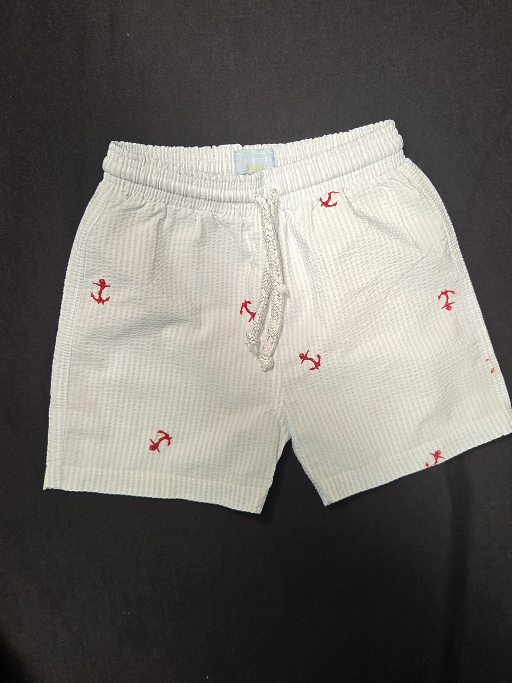Trotters London Blue White Seersucker Embroidered Anchors Swim Trunks 2/3Y